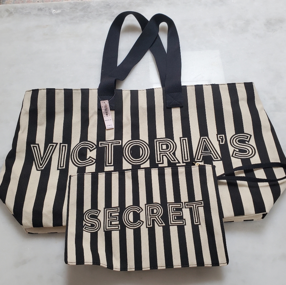 Victoria's Secret Black and White Striped Tote Bag Set